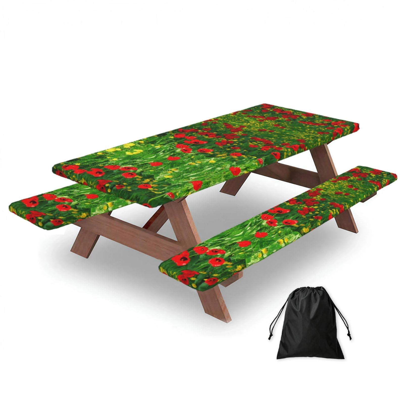 EZDLOWVBA Red Poppy Field Farm Meadow Landscape Print Picnic Table Cover With Bench Covers Waterproof Fitted Picnic Table Outdoor Elastic Picnic Tablecloth Outdoor Camping Essentials(3pcs)