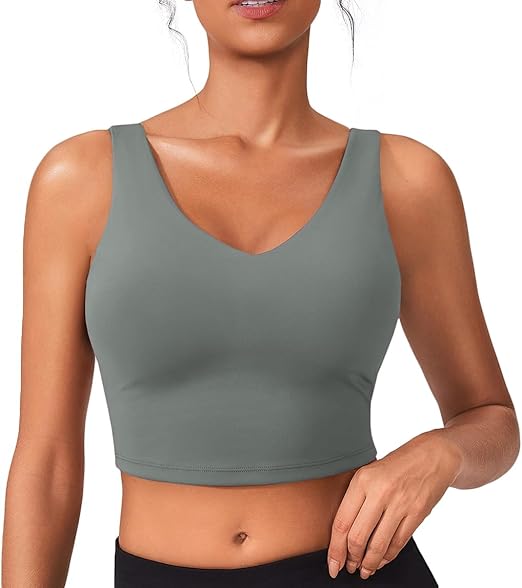 PINSPARK Sports Bras for Women Built in Bras Padded Yoga Bra V Neck Longline Workout Tank Tops with Removable Pads
