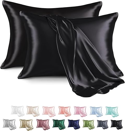 MR&HM Satin Pillowcase for Hair and Skin, Silk Satin Pillowcase 2 Pack, Toddler Size Pillow Cases Set of 2, Silky Pillow Cover with Envelope Closure (13x18, Black)