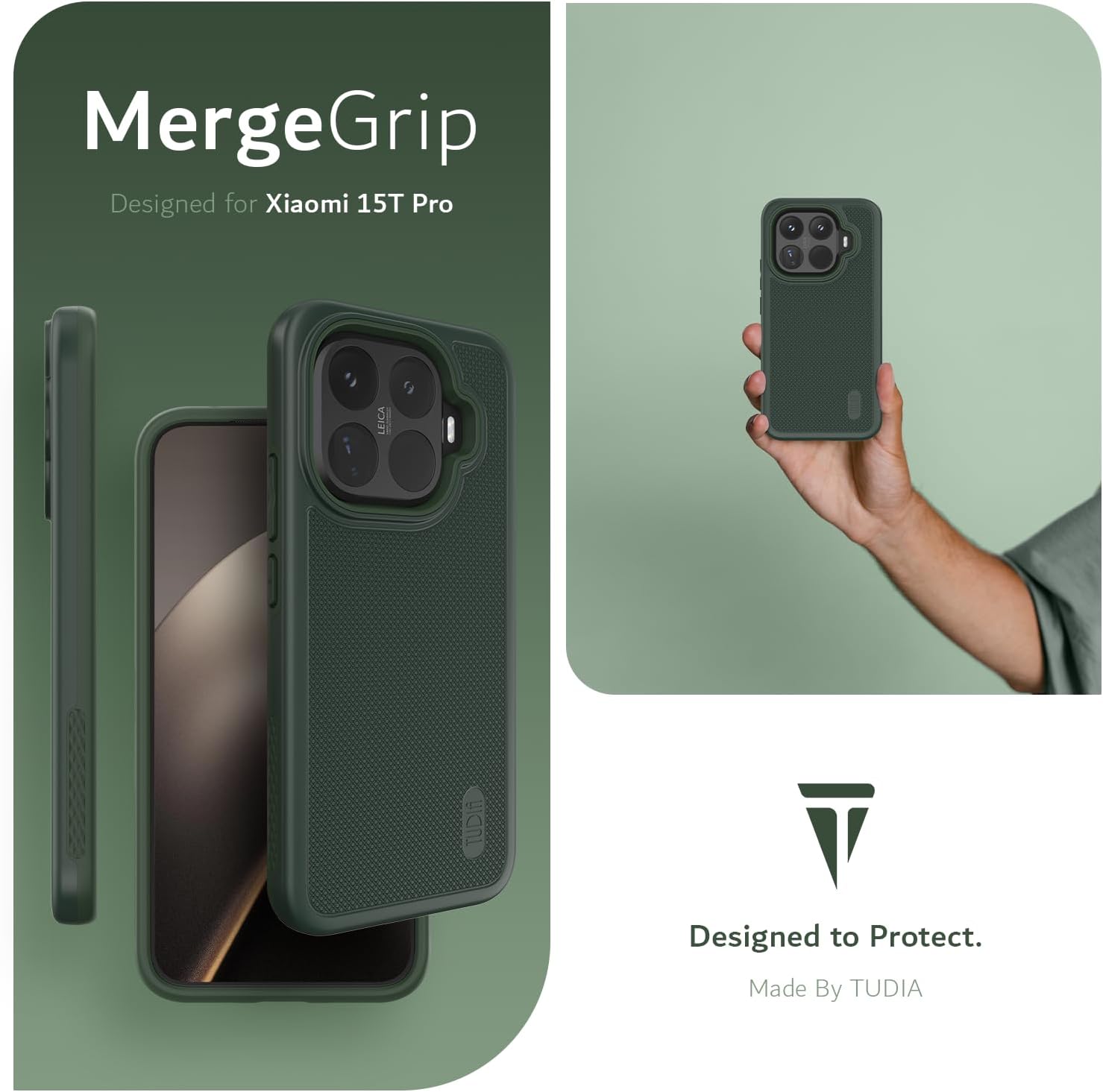 TUDIA MergeGrip [Military Grade] for Xiaomi 15T Pro 5G Case (2025) – [Drop Tested] Dual Layer Shockproof Slim Heavy Duty Tough Protective Phone Case Cover (Pine Green)