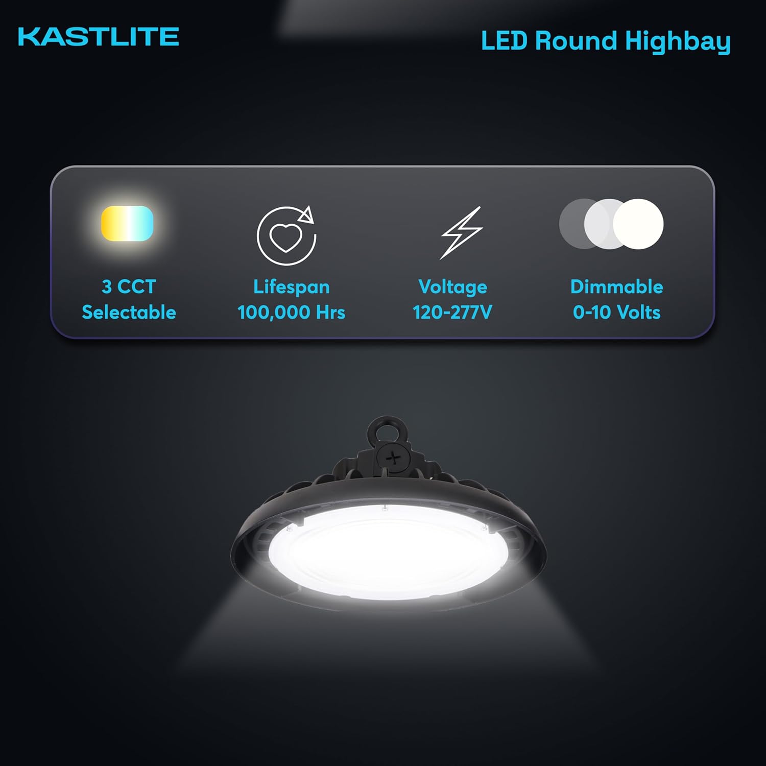 KASTLITE 11" Dimmable 3-Way LED UFO High Bay Light, 100/125/150W, 35000K-5000K Color Selectable, 16000-24000 Lumens, 120-277V, White - Garage Office Warehouse Home Commercial Lighting