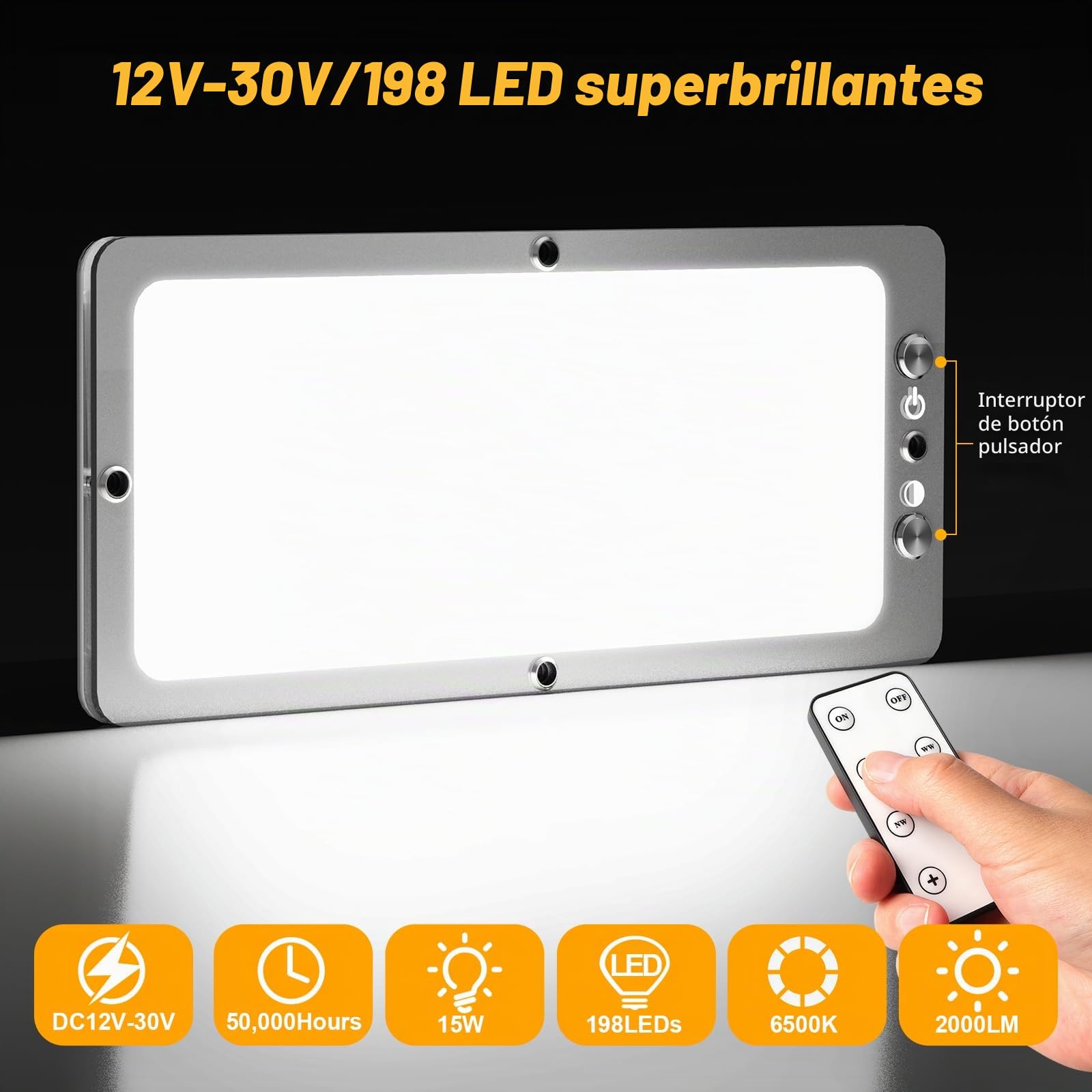 2PCS 12V Luces Interiores Led, 15W 2000LM 12V Lámparas LED, 198-LEDs Luces Caravana Interior, 12v Camper Luces Caravana Interior para Van RV Motorhome Furgoneta