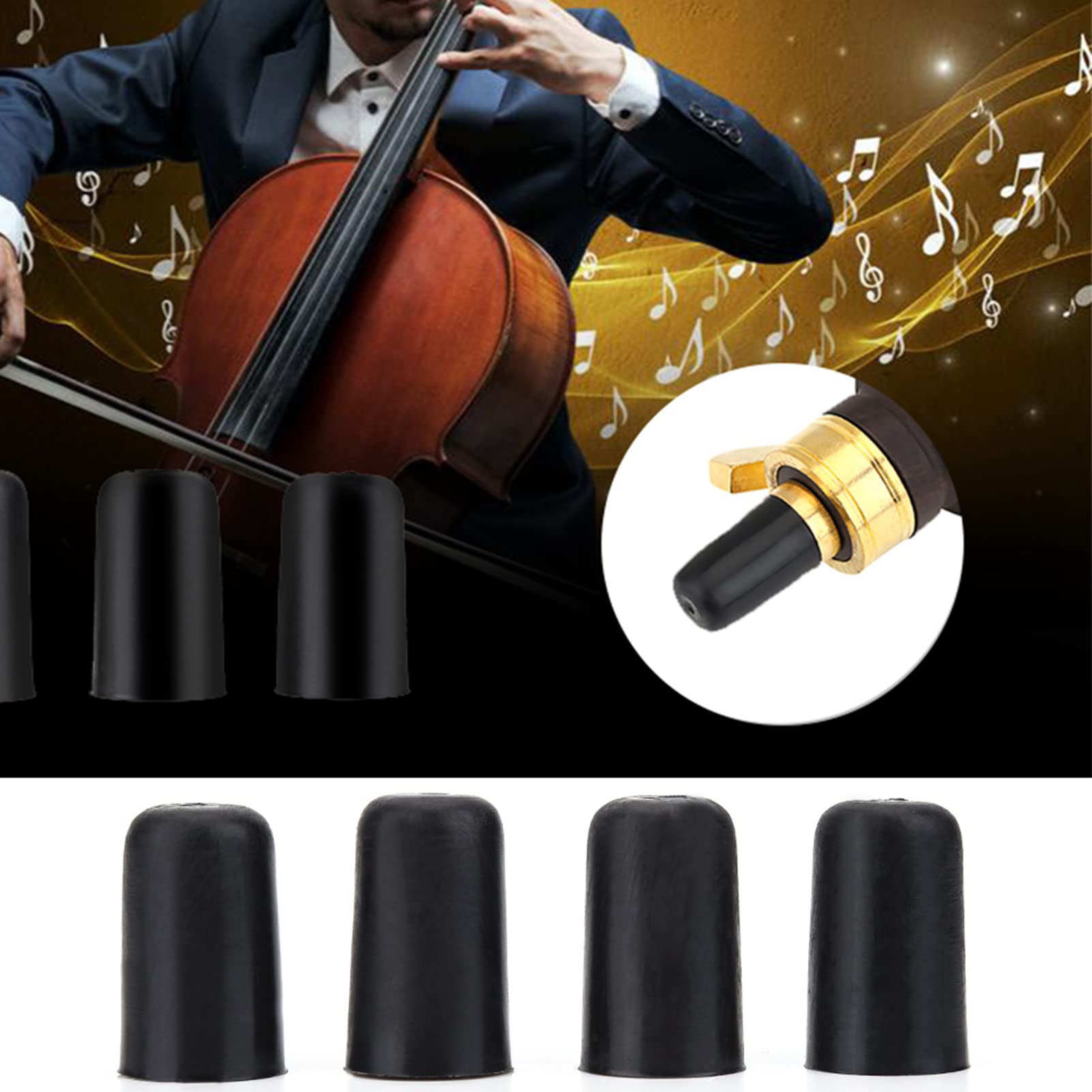 4Pcs Black Cello Endpin Tip Cap Protector, Cello Endpin NOn Slip Cap Instrument Stopper, Tailstock Rubber Protector Tip Plug for Instrument Practice Performance