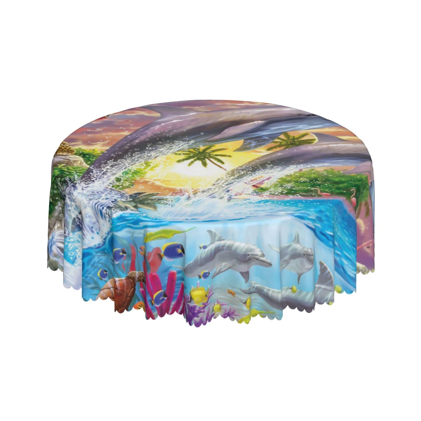 Lsjuee Dolphin Rainbow Underwater Animal Round Tablecloth 60 Inch Printed Washable Tablecloth for Dining Party Holiday Fall Home Decorative