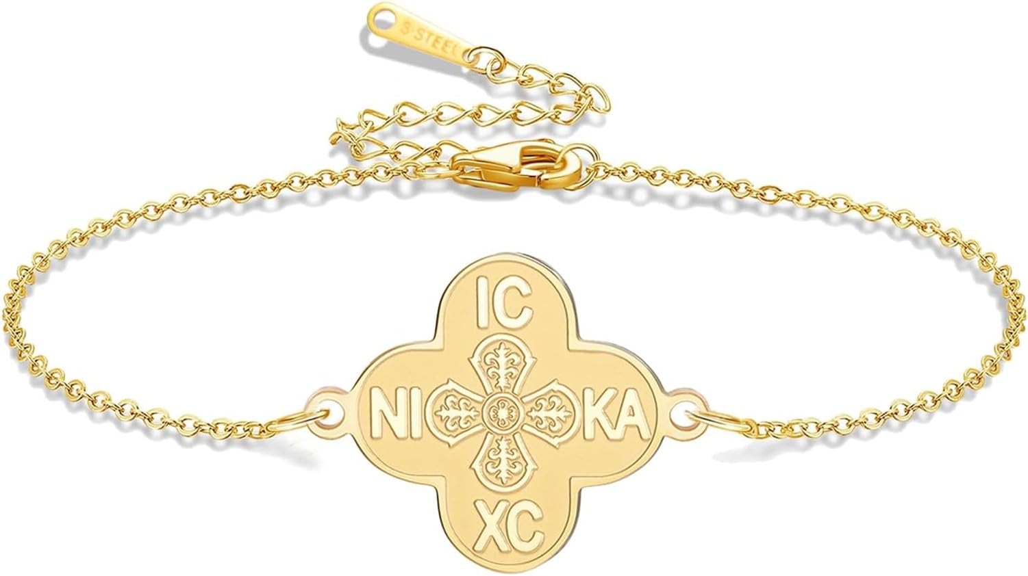 Eouyt Orthodox Cross Bracelet IC XC NIKA with Four Leaf Clover Design, Stainless Steel Adjustable Handmade String Christian Jesus Religious Faith Gift Jewellery, Gold