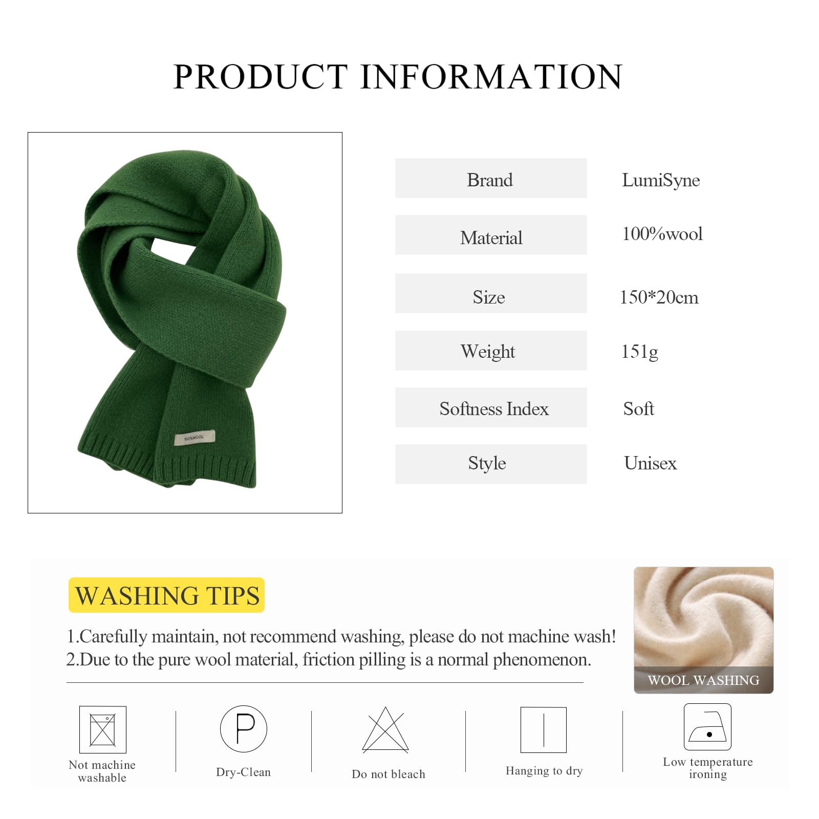 LumiSyne Hiver Écharpe En Laine Tricotée Pour Femmes Hommes Couleur Unie Classique Tricot Côtelé Longue Echarpe Pashmina Doux Chaud Écharpe à Col Cache-Cou 150×20cm