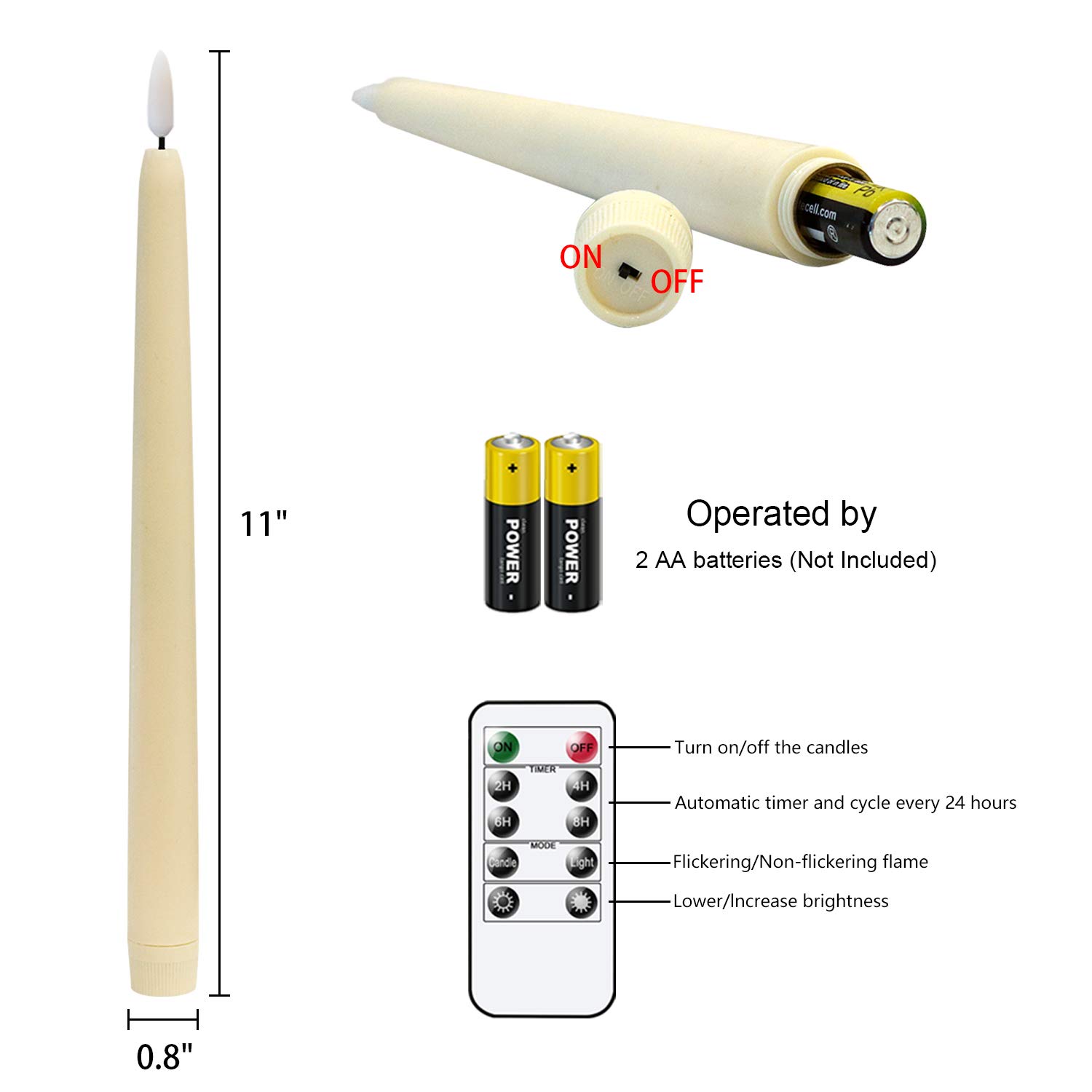 Eldnacele Candele Coniche Senza Fiamma Con Timer E Telecomando - Set Di 2 In Vera Cera Bianca (D2,9 X 24,9 Cm) Con Effetto Fiamma Tremolante Per Matrimoni E Cene Romantiche - 3