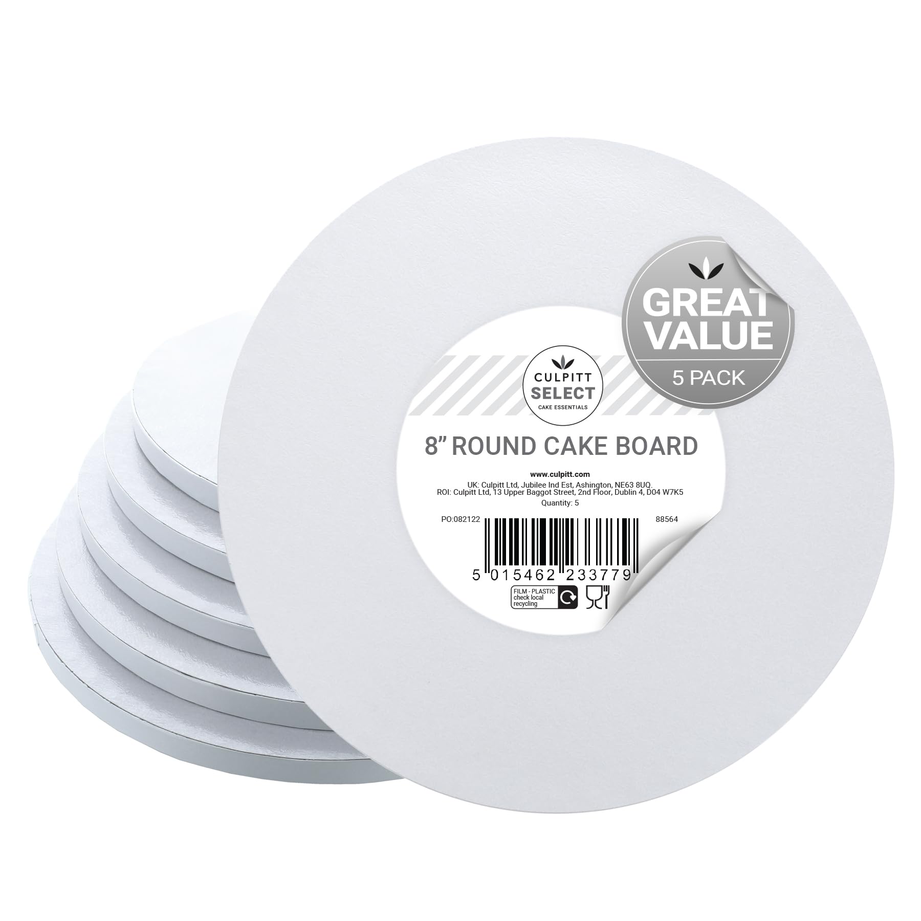 Culpitt Select 8" White Cake Boards, Round, 12mm Thick Lightweight Cake Plate for Celebration Cakes, Birthday Treats, Cupcakes, and More! Strong, 10 Inch, Pack of 5