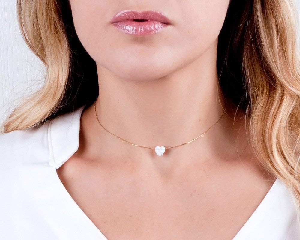 Opal Heart Choker Necklace - Gold Filled, Sterling Silver or Rose Gold, Dainty Short Necklace for Women, Blue, White or Pink Love Pendant 13.5"-16.5" - Image 8