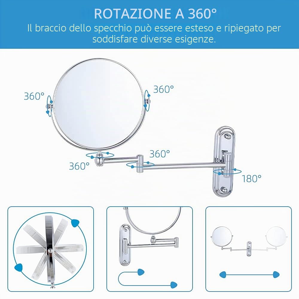 DOWRY Specchio Cosmetico da Parete,Specchio Estensibile da Bagno,Specchio Ingranditore 10x/1x,Rotazione a 360° Bifacciale Specchio,Specchio da Barba,Argento,Diametro 20 cm