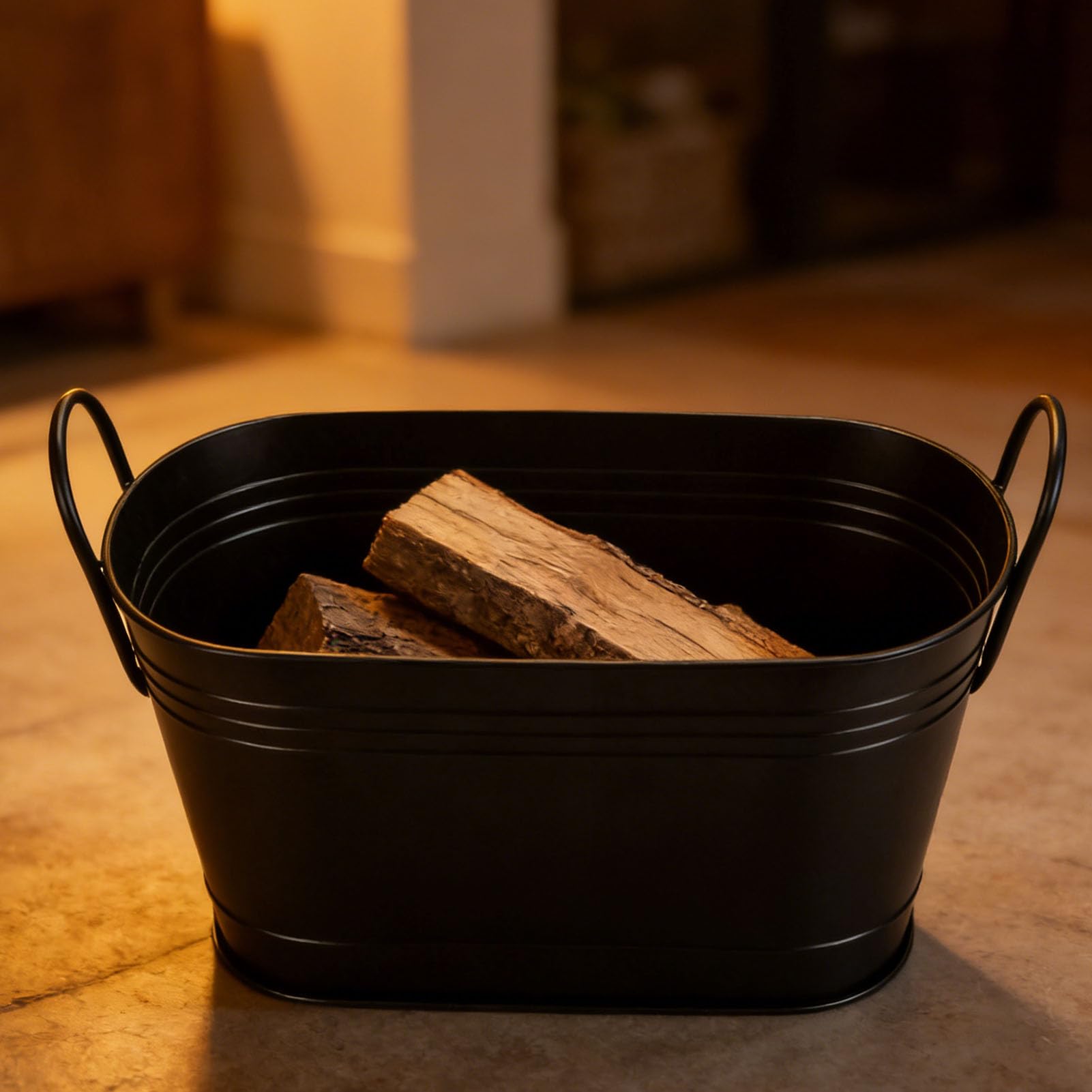 Cocoarm Soporte para Leña, Cubo para Leña de Hierro, 21,9 X 14,0 X 10,4 Pulgadas, Contenedor de Almacenamiento de Metal Ovalado con Asas para Chimenea Interior, Hoguera para Exteriores, Plantación