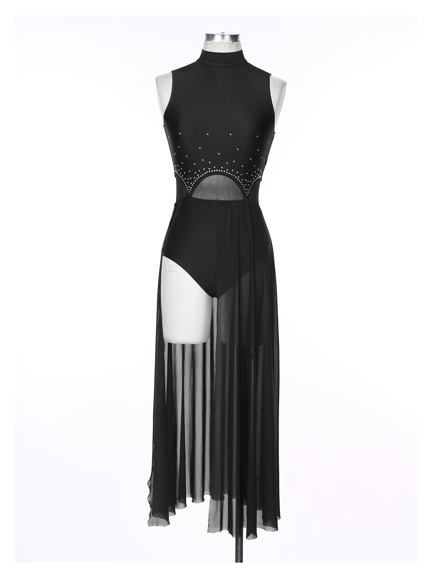 Lyrical Dance Kostüm Damen Modern Lyrical Dance Performance Kleid Ärmellos Strass Split Transparent Maxikleider Ballett Gymnastik Trikot Tanzbekleidung Für Frauen