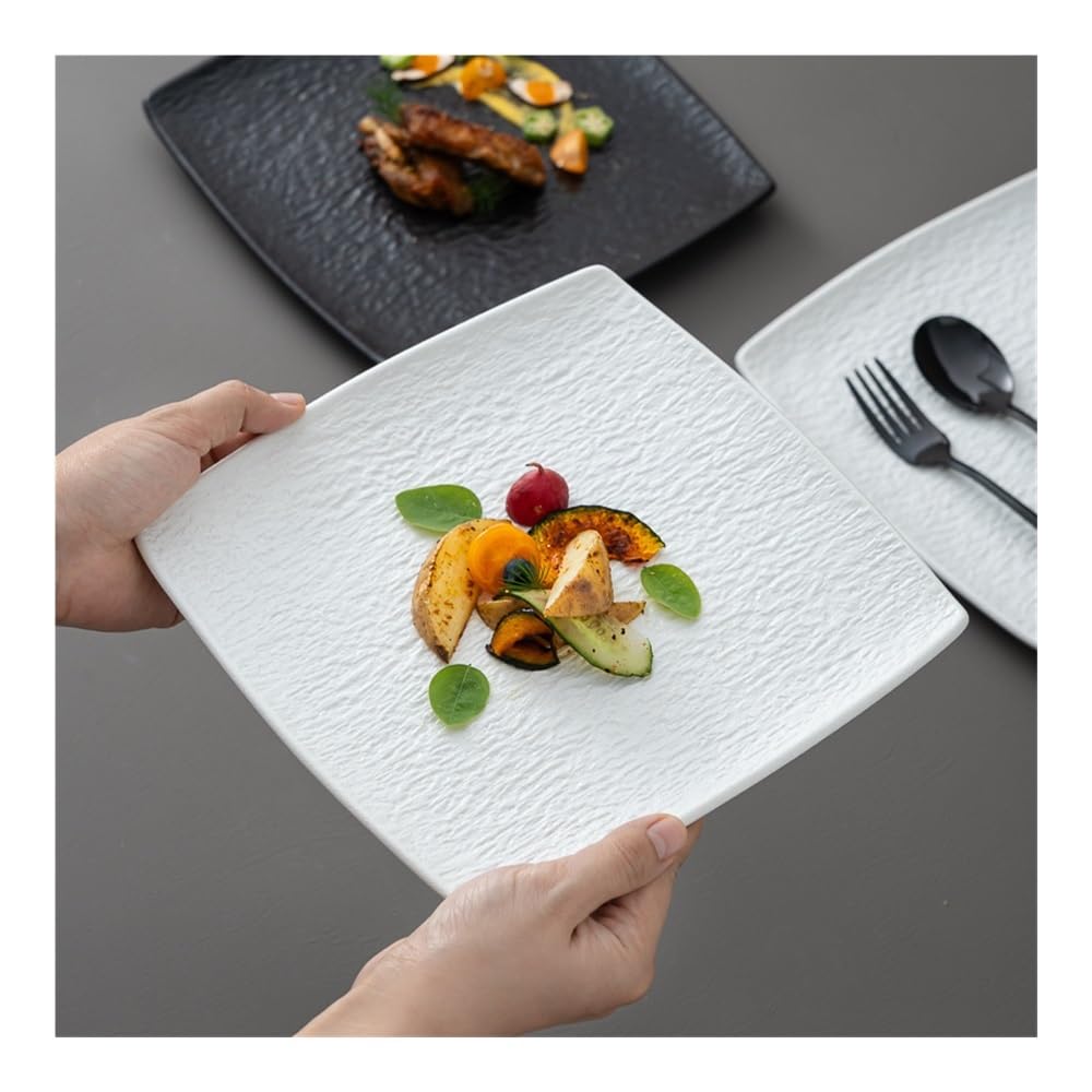 Talerze Obiadowe 9-calowe matowe ceramiczne talerze obiadowe, kwadratowe czarno-białe naczynia grillowe w stylu retro(White)