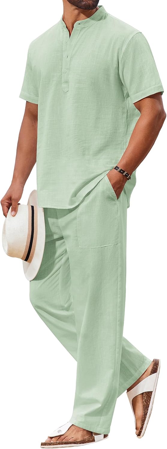 COOFANDY Men's 2 Piece Cotton Sets Casual Short Sleeve Henley Shirts and Beach Pants with Pockets Summer Vacation Outfits