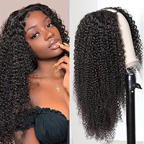 U Part Human Hair Wigs for Black Women, Afro Kinky Curly Hair 2x4 U Shape Machine Made Wig 18 inch Brazilian Remy Human Hair Glueless Wig 150% Density