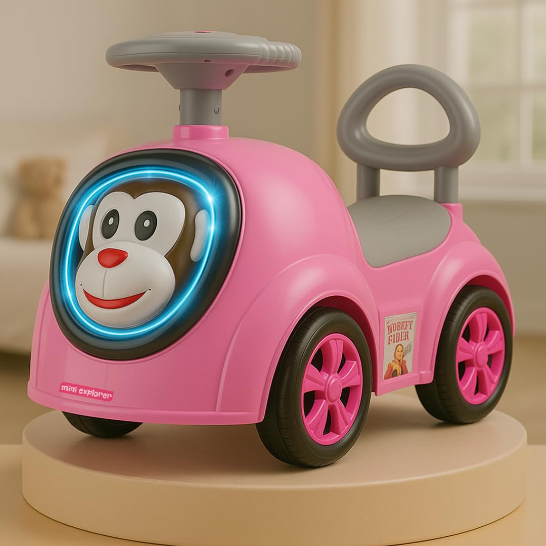 MiniExplorer Monkey Ride-On Toy Car for Kids | Push Ride Car with Music, Horn, Backrest, Safety Guard, Under Seat Storage & Big Wheels | Baby Ride-On for 1-3 Years Boys & Girls - Pink