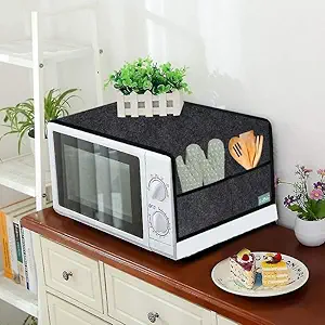 FREDDO Oven Cover, Modern Designer Microwave Top Cover,Kitchen Oven Cover, Attractive Decorative Dust Proof Appliance Top Cover for 25 LTR Size 34 x 11 inch, Black Color, Pack of 1 Piece