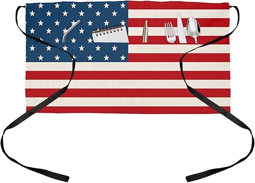 LBDEKOR Server Aprons with 3 Pockets Independence Day Waist Aprons Waterproof Waiter Waitress Half Apron for Women Men