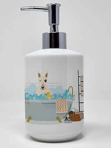 Caroline's Treasures WDK5835SOAP White Bull Terrier - Dispensador de jabón de cerámica para bañera, dispensador de jabón de manos, botellas para