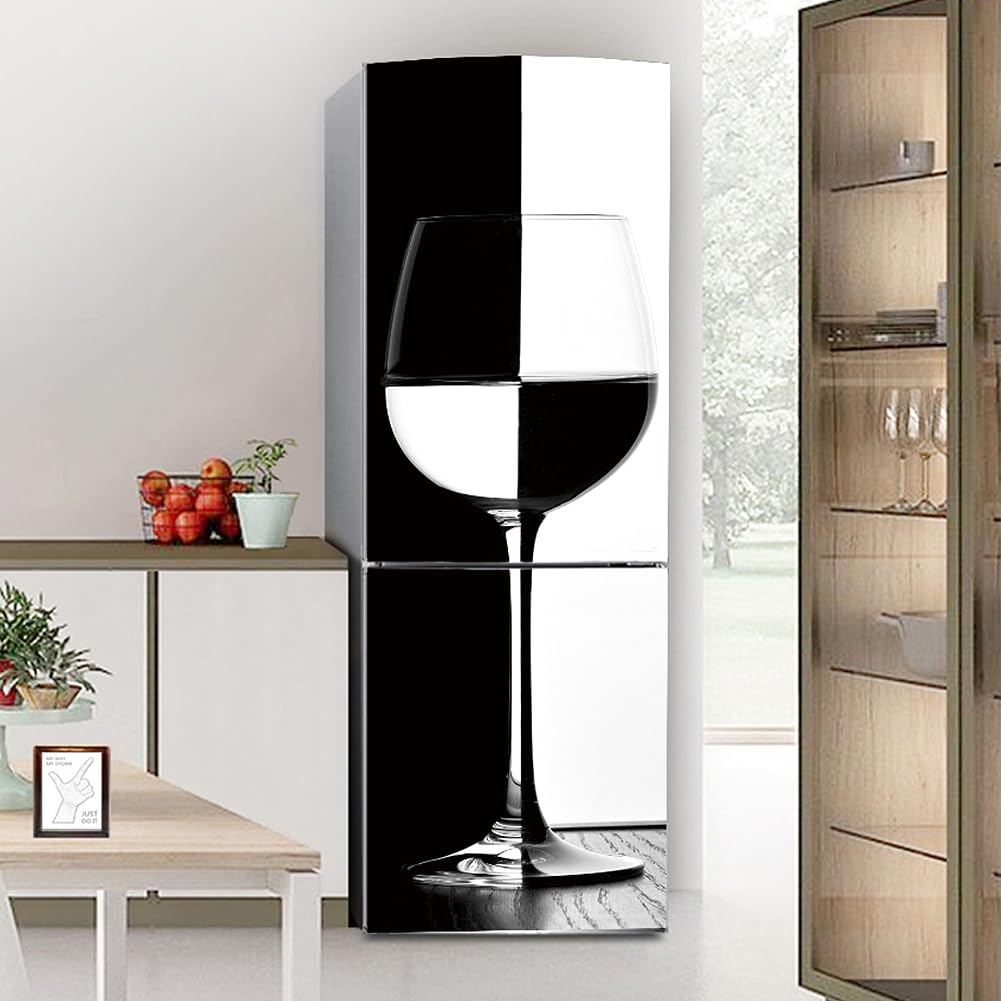 Fridge Sticker, Fridge Sticker Full Covering Door Covers Skins Wall Stickers for Kitchen Decal, Black and White Wine Glass(S: 60x150 cm)