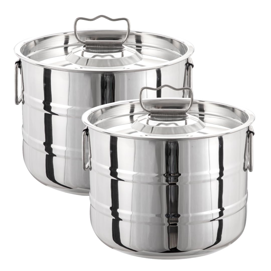 EUROStyle Stainless Steel Kopparai Combo Set of 2 (15L & 20L) – Multipurpose Heavy-Duty Cook - For Large Preparation & Store Pots for Rice, Curries, and Kitchen Storage - For Healthy Cooking & Storage