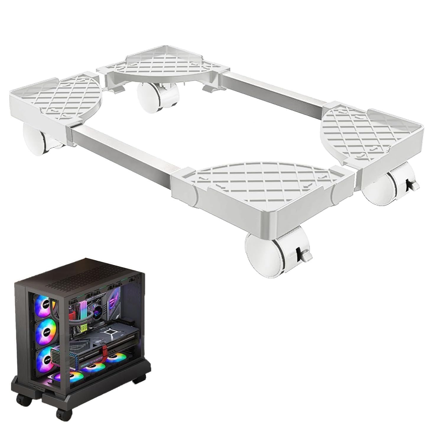 Soporte para Pc, Soporte para Pc Debajo del Escritorio, Soporte Universal Ajustable, Móvil,con 4 Ruedas-2 Ruedas Giratorias Bloqueables-Blanco Hueco