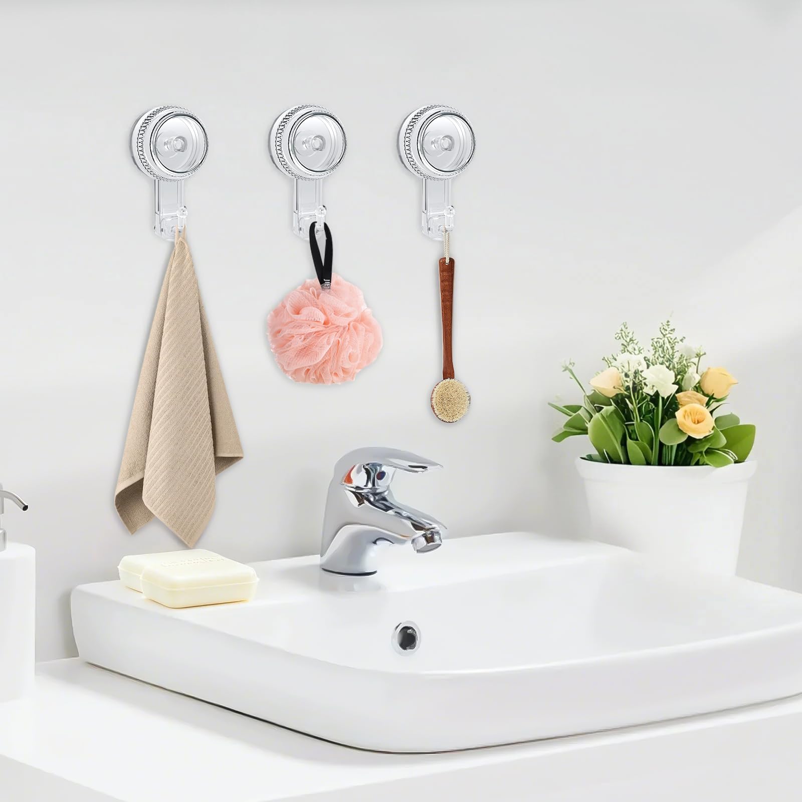 Lvingmax Suction Cup Hooks, Clear Shower Suction Hooks, Heavy Duty Suction Cups with Hook for Bathroom, Kitchen, Wall, Mirror, Window, Door, Removable Shower Hook for Hanging Loofah, Towel, Robe