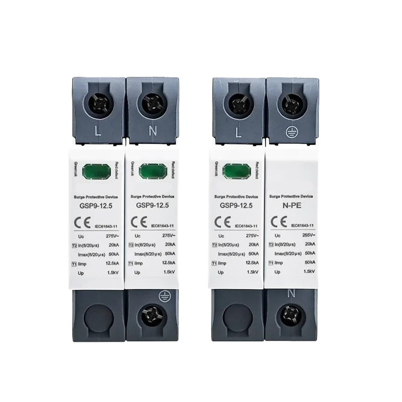 Protector contra sobretensiones y pararrayos Protector contra sobretensiones GSP9 12,5 KA T1+T2 Clase 50 KA SPD 2P 1P+NPE Protector contra sobretensiones doméstico de 275 V CA for riel DIN(1P NPE 12.5