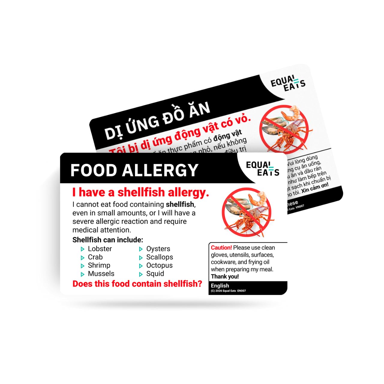 Equal Eats Shellfish Allergy Translation Card, Credit Card Size, English, Food Allergy Alert Card (Vietnamese)