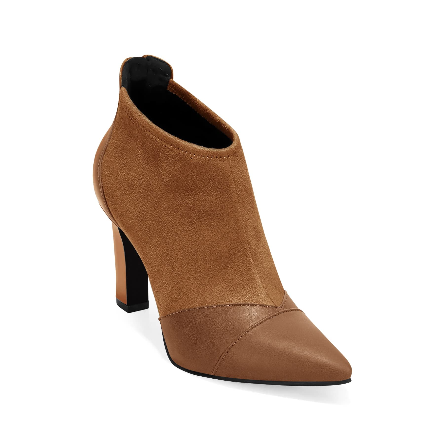 Coutgo Womens Ankle Booties Dress Boots Pointed Toe Stiletto High Heel Splicing Booties Shoes with Back Zipper