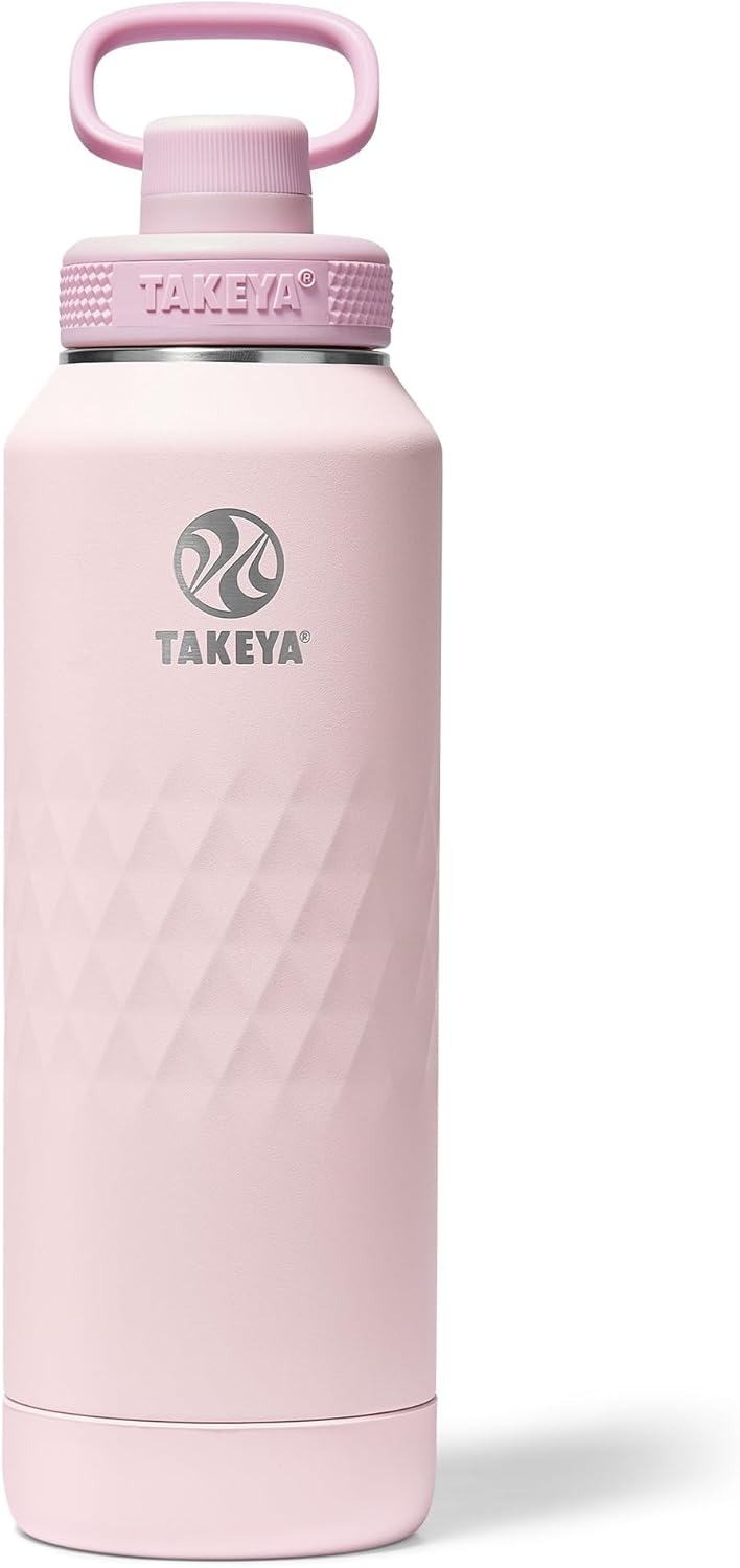 Takeya Sport 40 oz Triple-Insulated Stainless Steel Water Bottle, Spout Lid – Leakproof, Sweatproof, BPA-Free, Keeps Drinks Cold 36 Hrs, Hot 14 Hrs – Peony