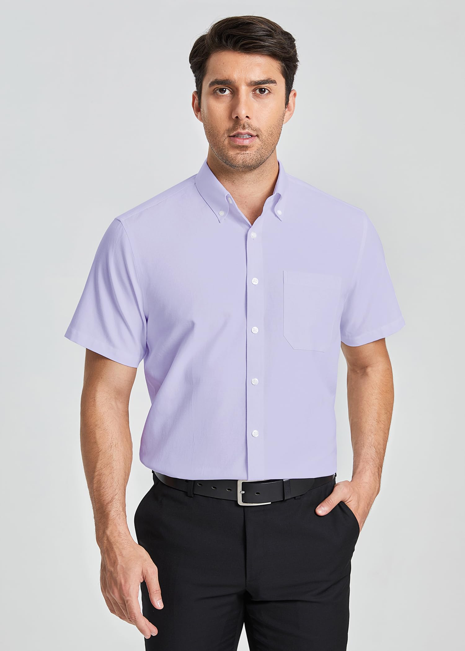 HISDERN Camisa Oxford Hombre Manga Corta Formales con Bolsillo Camisas Vestir Verano de Trabajo Hombre Ajuste Regular