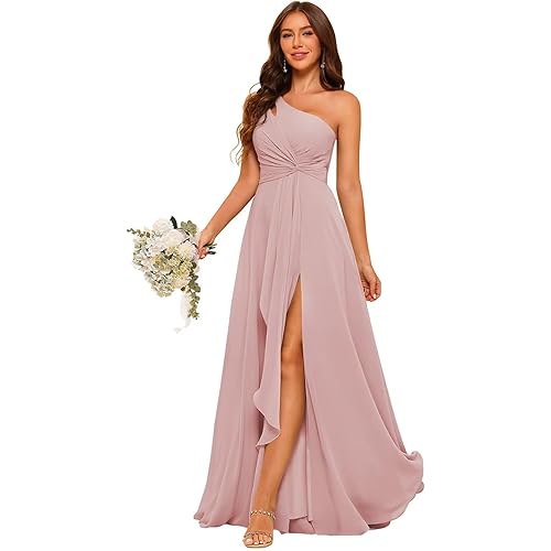Chiffon One Shoulder Bridesmaid Dress with Pleated Bodice Long A Line Bridesmaid Dresses for Women with Slit AD004