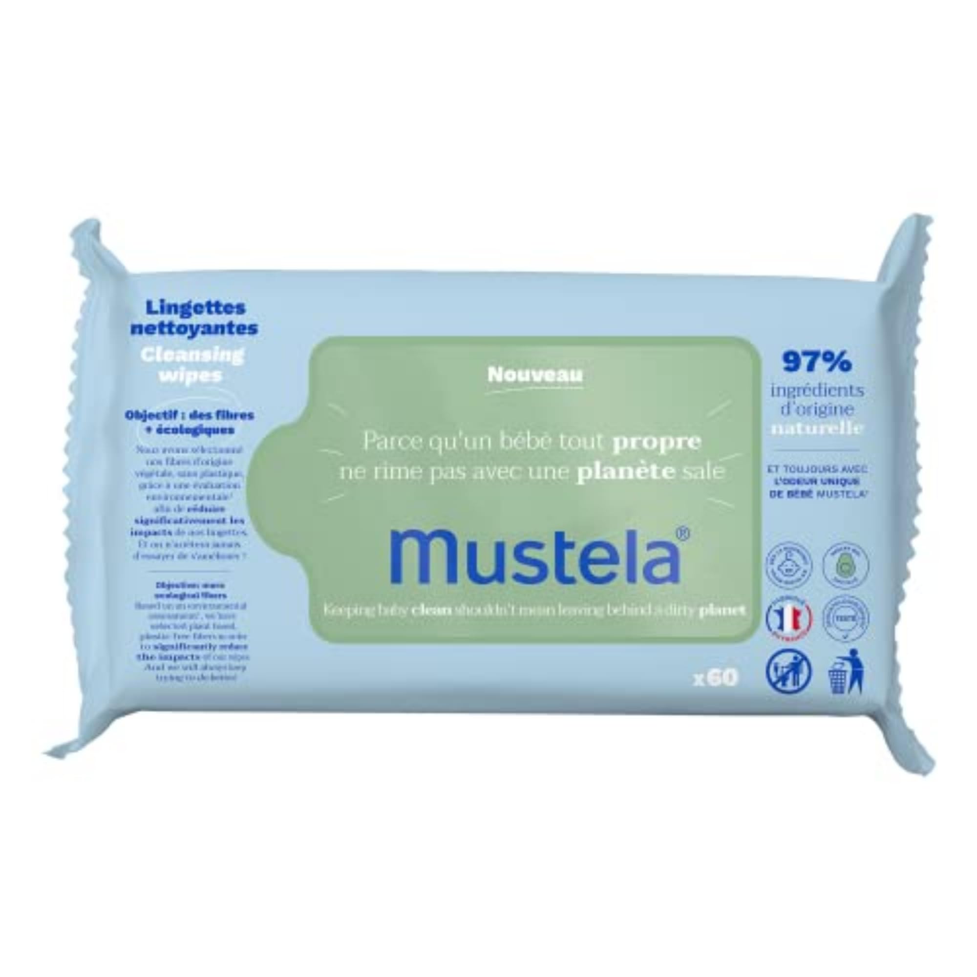Mustela Baby Cleansing Wipes with Natural Avocado - For Face, Body & Diaper Area - Made with Compostable & Plastic Free Fibers - Lightly Scented - 60 units