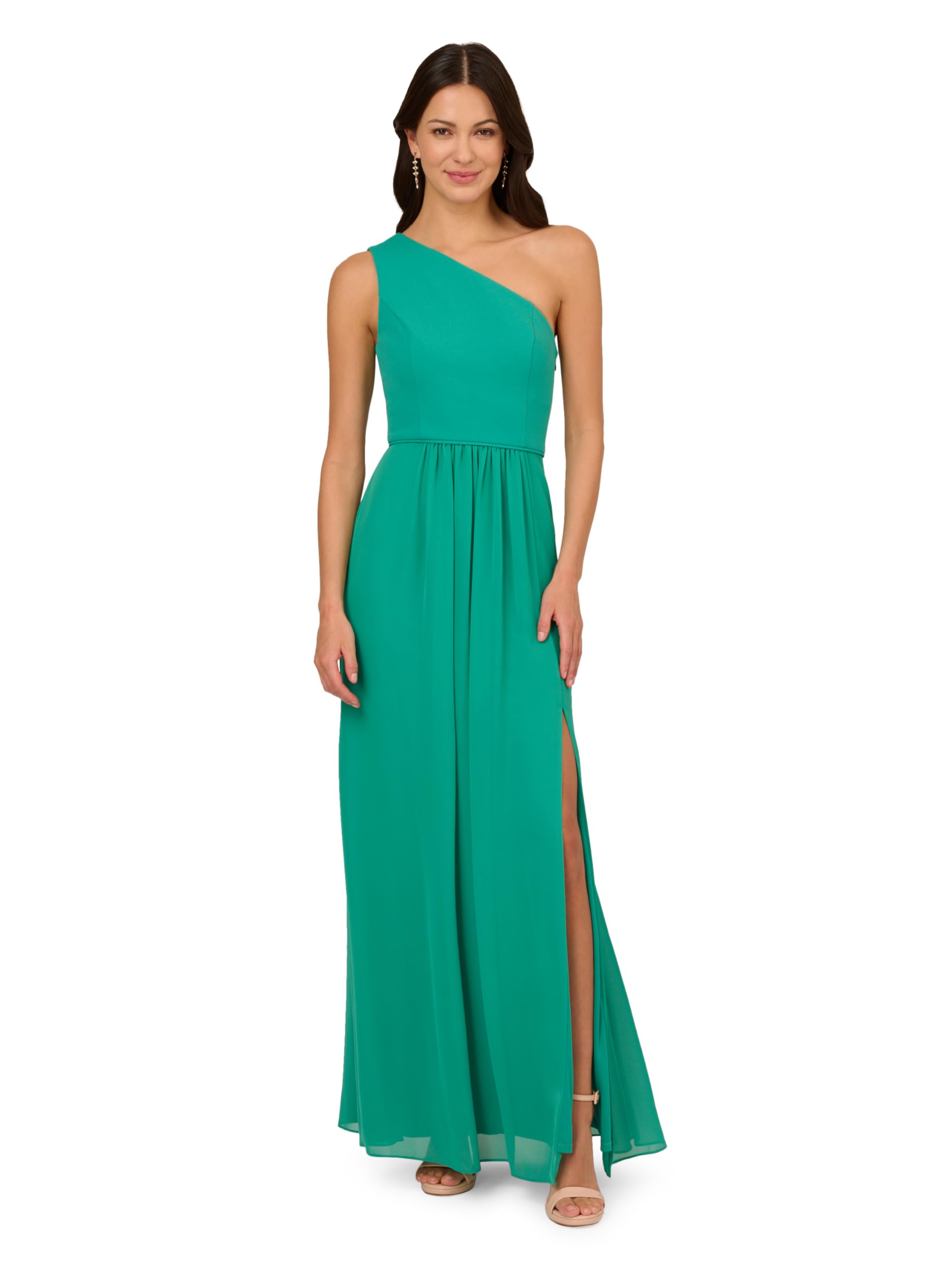 Photo 1 of Adrianna Papell Women's One Shoulder Chiffon Gown | Long Evening Gown with Pleated Skirt, Fitted Bodice & Side Leg Slit, Botanic Green 16