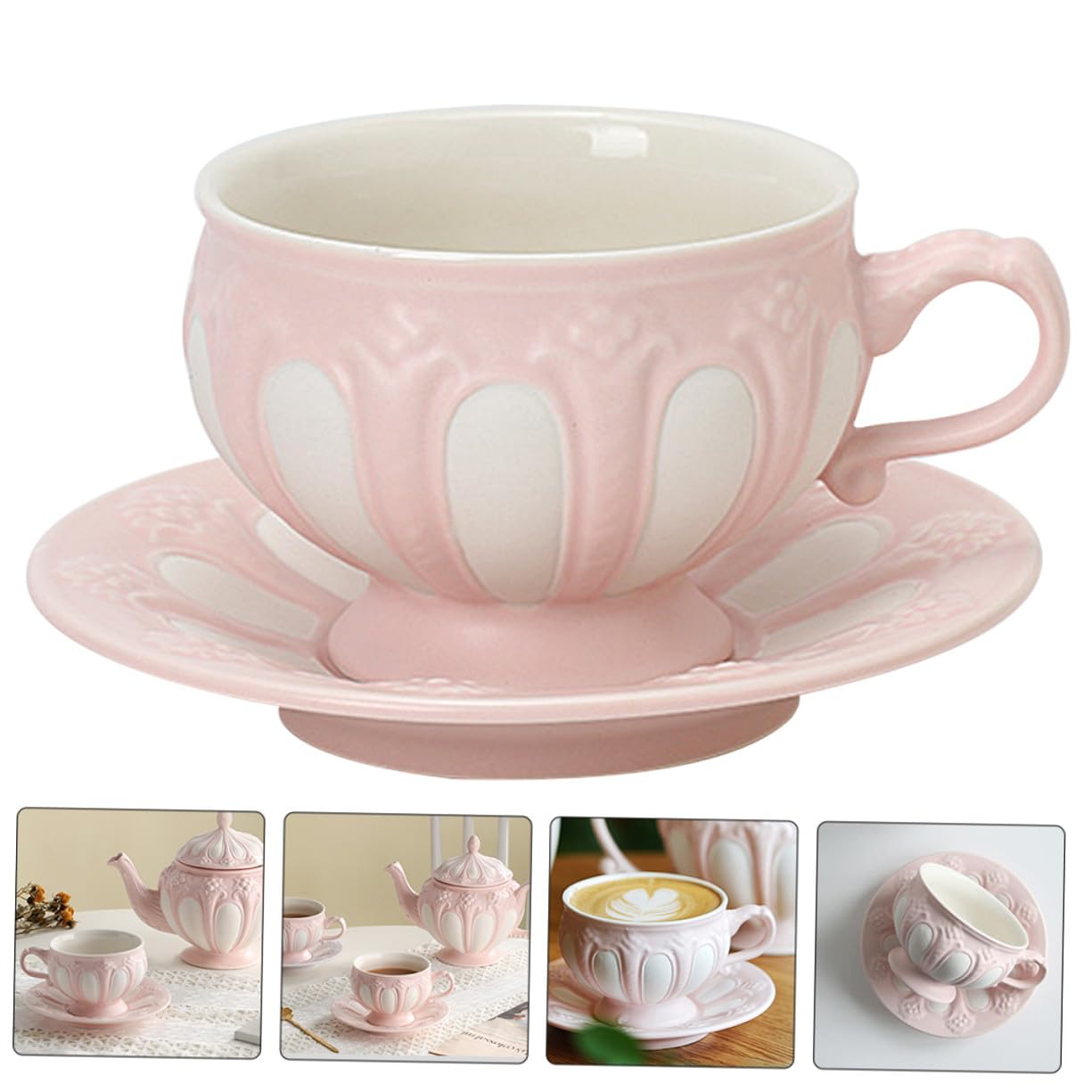 Kaffeetassen Satz 1 Satz Keramik Rosa mit Untertasse, Reliefdesign