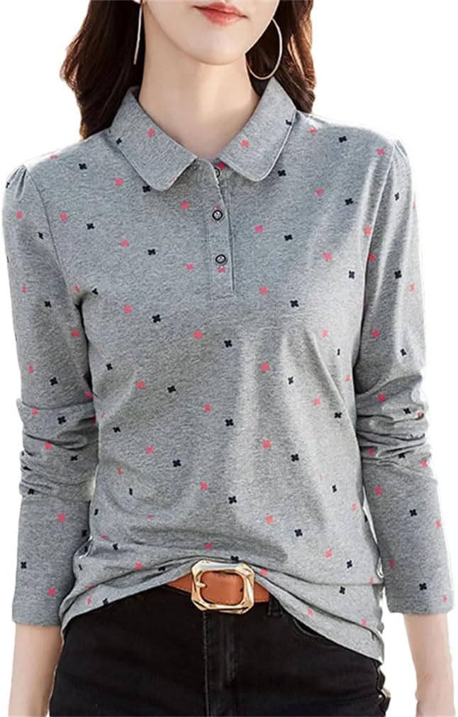 Spring Women Polo Shirts Female Printed Long Sleeve Turn-Down Collar T-Shirts Soft Cotton Blouses Ladies Slim Tops