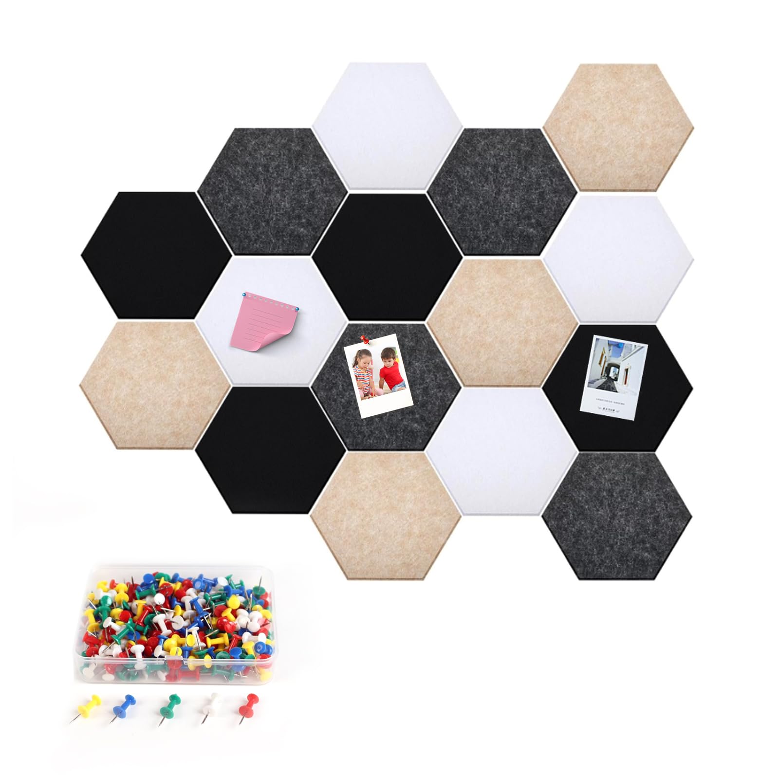 Pared Fieltro Hexagonal Autoadhesivo,Tablero de Corcho 16 Stück 15x17cm Tablón de Anuncios con 60 Chinchetas, Multifunción Azulejos de Fieltro &Paneles de Pared