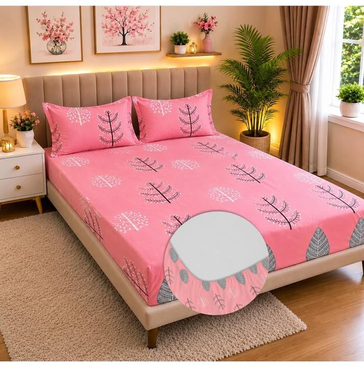 Image of la' amour Premium Cotton Elastic Fitted Bedsheets with 2 King Size Pillow Covers Double Bed with All Around Elastic Supersoft Size - 78X72+10 inches Black Light Pink Abstract 200 tc - 220 tc