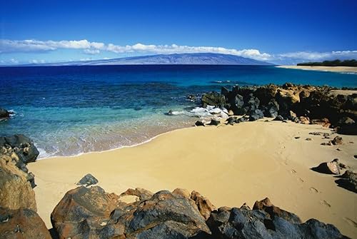 Posterazzi Hawaii Lanai Polihua Footprints In Sand Rocks Around Beach Molokai In Distance Poster Print, (38 x 24)