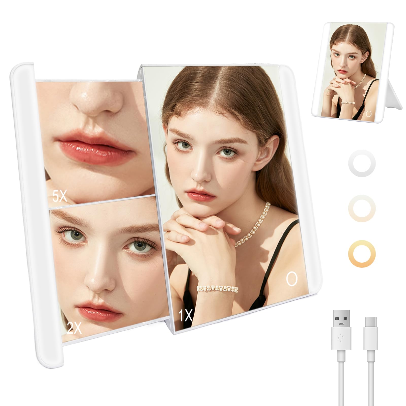 Amlope Espejo de Maquillaje con Tirar y Empujar con Aumento 1X/5X/2X Espejo para Maquillarse Maquillaje con Luz Espejo Cosmético con LED Recargable por USB Brillo Ajustable 3 Colores(Blanco)