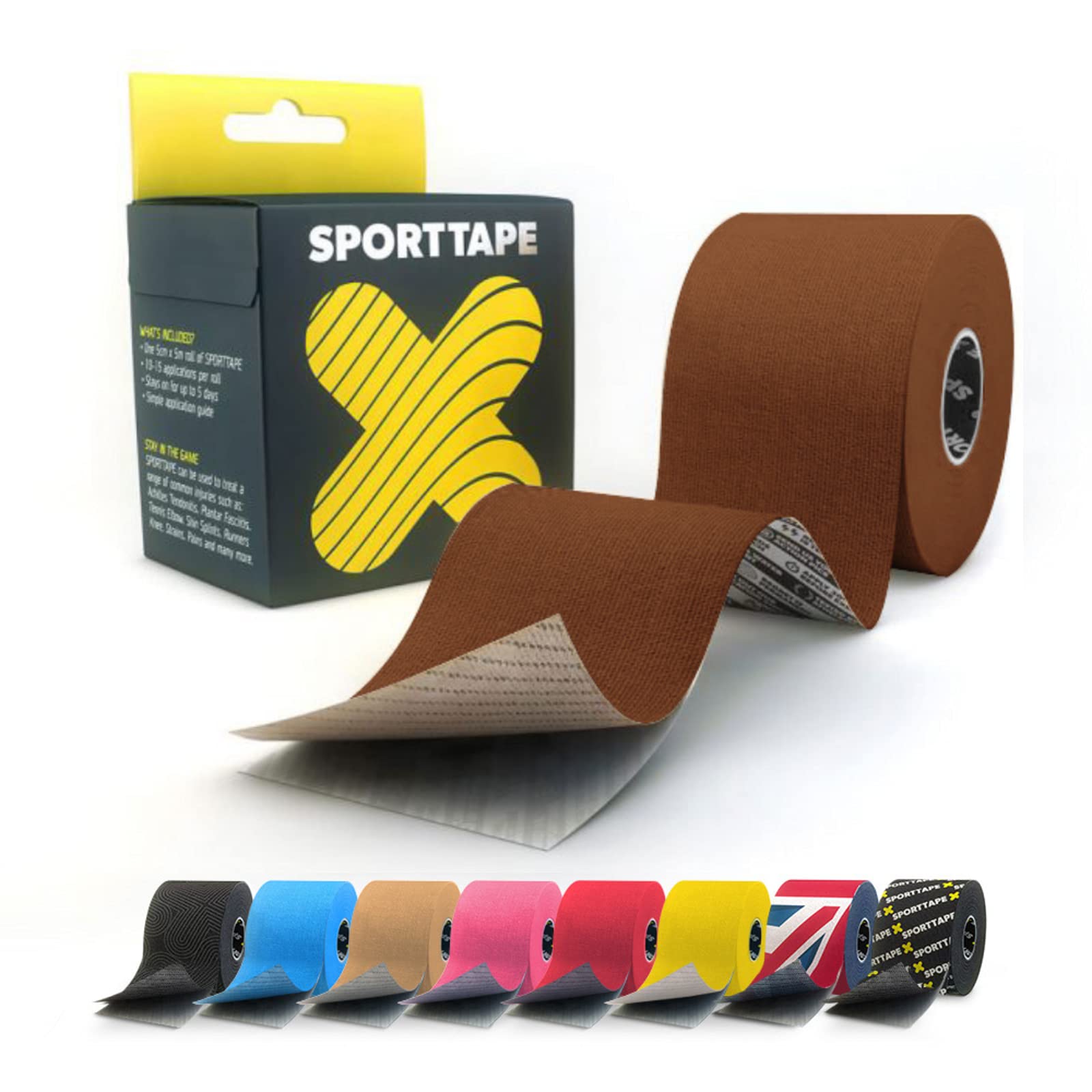 SPORTTAPE Extra Sticky Kinesiology Tape, 5cm x 5m - Brown | Hypoallergenic, Waterproof K Tape | Physio, Medical Sports Tape for Muscle Injury, Support | Uncut - Single Roll