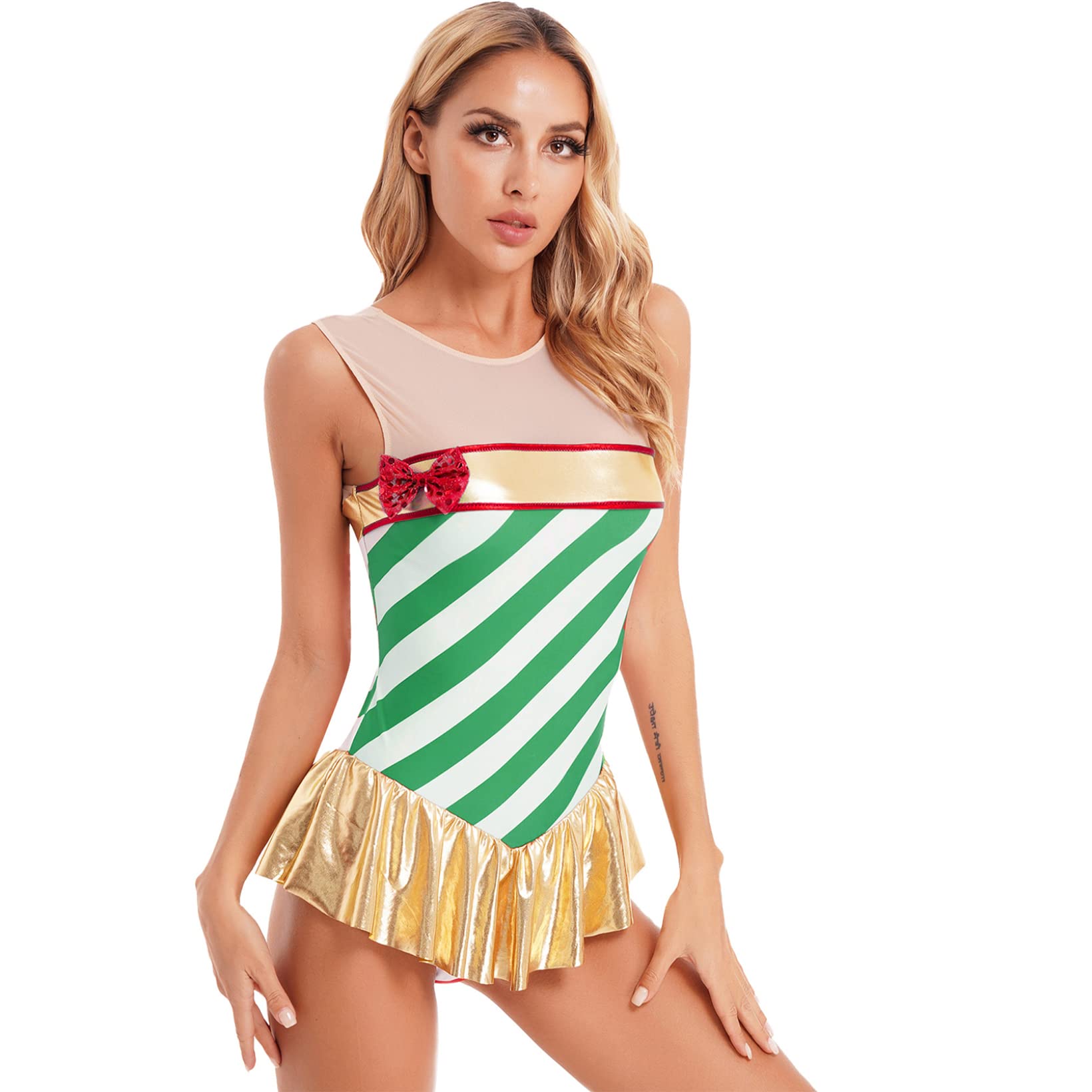 JanJean Women Candy Cane Christmas Costume Sleeveless Ballet Dance Leotard Stage Performance Costume Green Large
