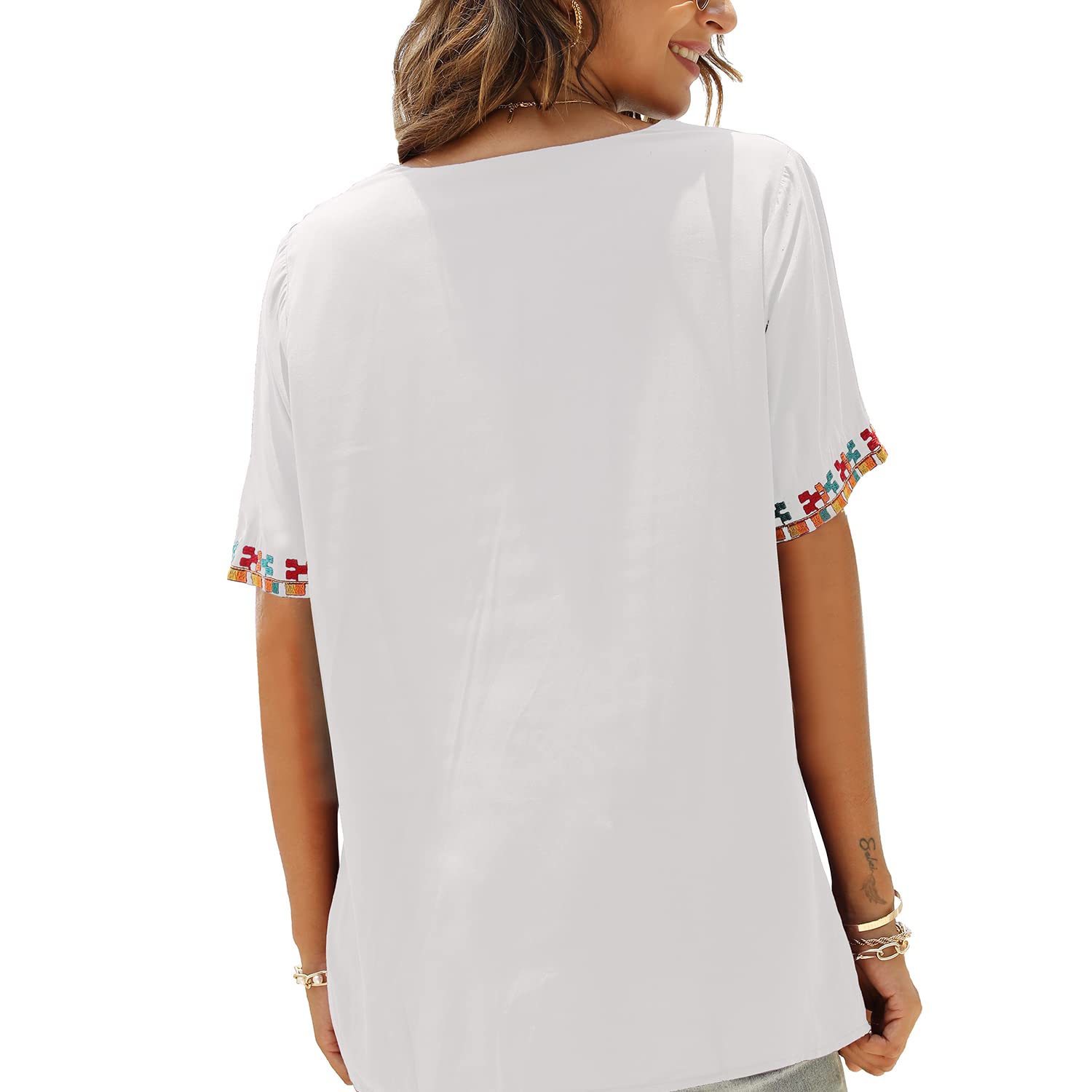 Seasonal Maglietta da Donna con Ricamo della Boemia, con Scollo a V, a Maniche Corte