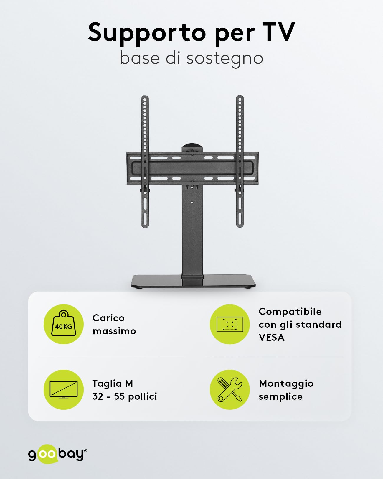 goobay Supporto TV da Pavimento 32-55 Pollici Girevole 35 Gradi Regolabile in Altezza Compatibile VESA Fino a 40 kg Base in Vetro - 58524