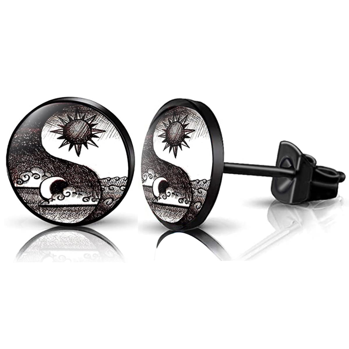 YCL&TXLStainless Steel Yin and Yang Pattern Stud Earrings for Men Black Round Stud Earrings for Women 10mm