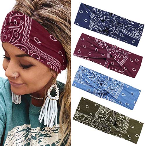 Bmadge 4 Pcs Boho Headband for Women Criss Cross Hair Bands Headpiece Stretch Turban Head Wraps Yoga Vintage Headwear Fashion Hair Accessories for Women and Girls 4Pcs
