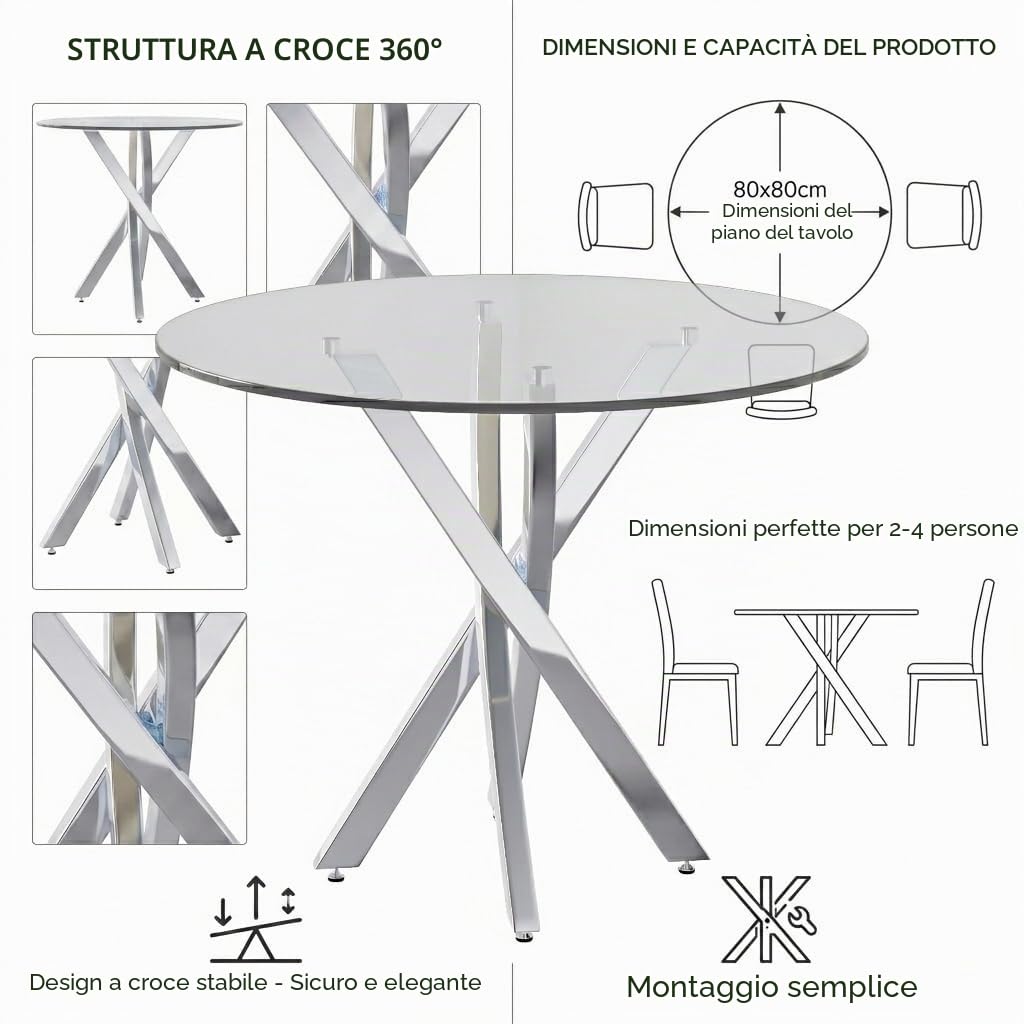 Tavolo da pranzo rotondo in vetro, 80 x 80 x 75 cm, moderno tavolo da pranzo in vetro, piano in vetro temperato, gambe del tavolo galvanizzate, tavolo da cucina rotondo, per cucina, soggiorno