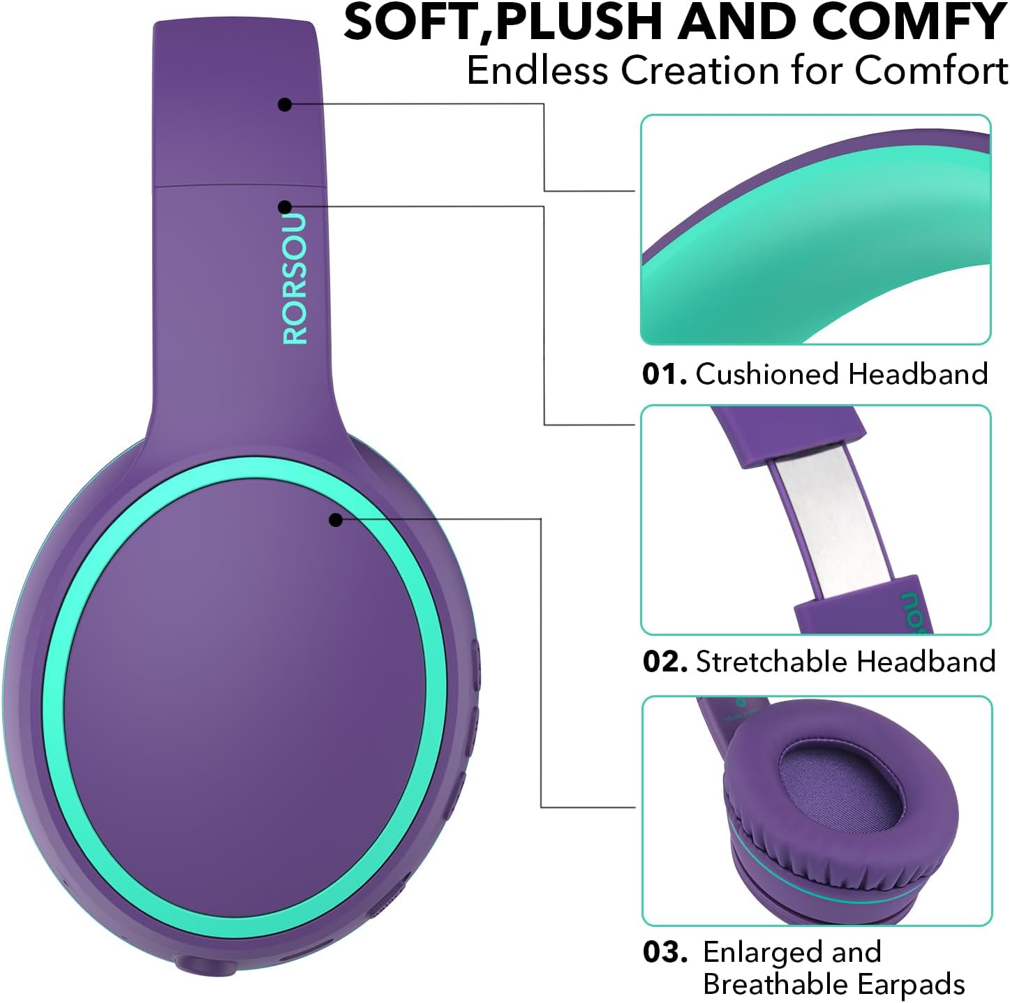 RORSOU B10 Bluetooth Headphones Over Ear, 2 EQ Music Modes(Normal/Bass) and 50H Playtime Wireless Headphones with Mic, Lightweight Folding HiFi Stereo Headset for iPad/Travel/Tablet/PC/Home (Purple) - Image 3