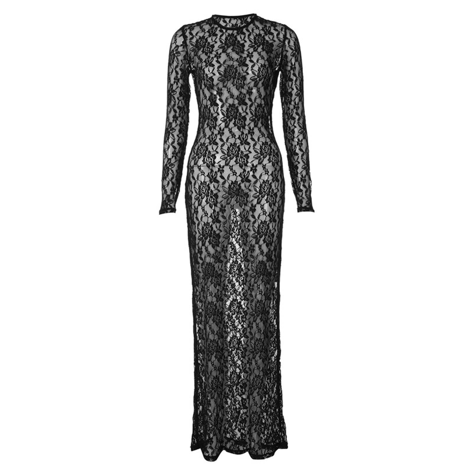 Vestito Donna Abito Lungo Aderente Trasparente con Motivo in Pizzo Svasato Primavera Estate da Donna-Nero-s
